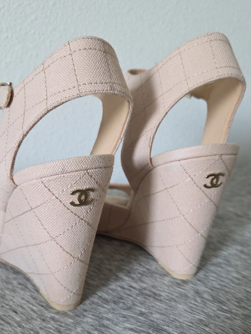 CHANEL 23C Quilted Wedge Sandals Open Toe Ankle Strap EU 38